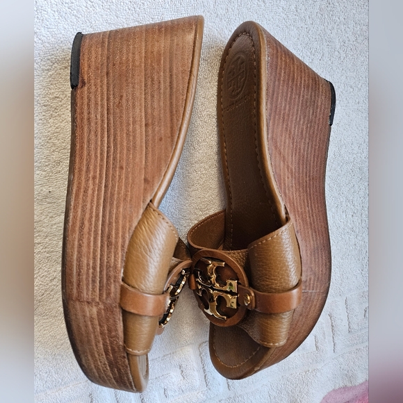 Tory burch brown leather wood wedge heel platform sandals womens 8 shoes - Picture 5 of 12